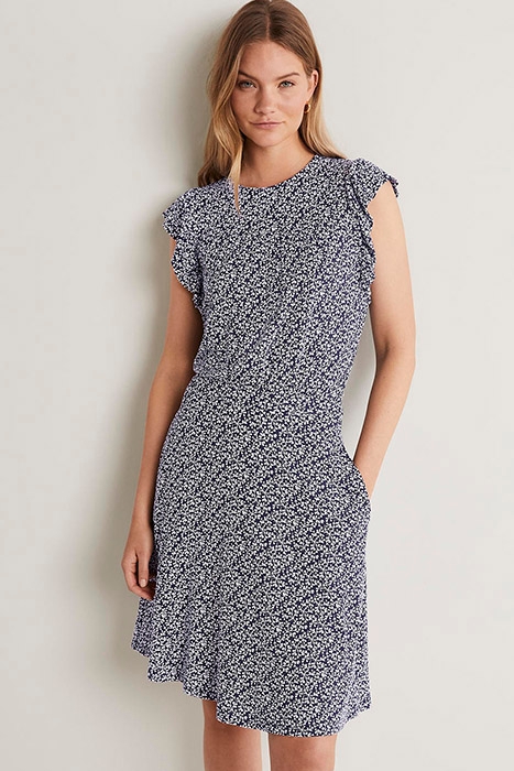 RUFFLE PRINTED MINI DRESS NVY 1