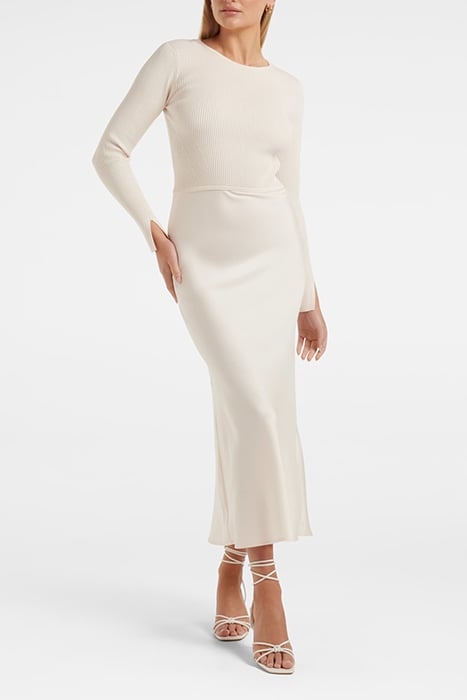 ALICIA LONG SLEEVE SATIN MIX KNIT DRESS CREAM 1