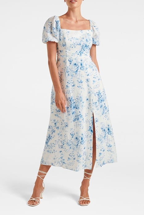 CARSON LINEN SQUARE NECK MIDI DRESS BLUE VICTORIA FLORAL 1