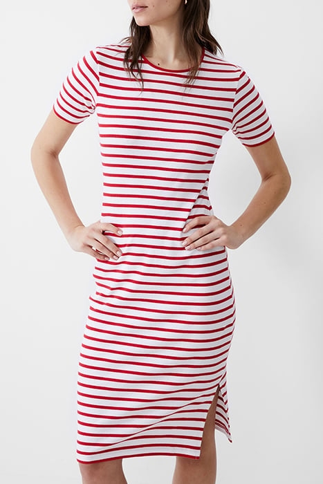STRIPE RIB DRESS MIDI POPPY/WHITE 1