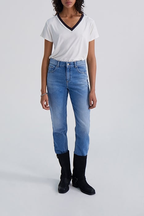 ECRU T-SHIRT WITH NAVY STRIPED RIBBING 3