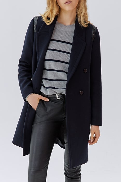 NAVY WOOL FABRIC STUDDED STRAIGHT COAT 1