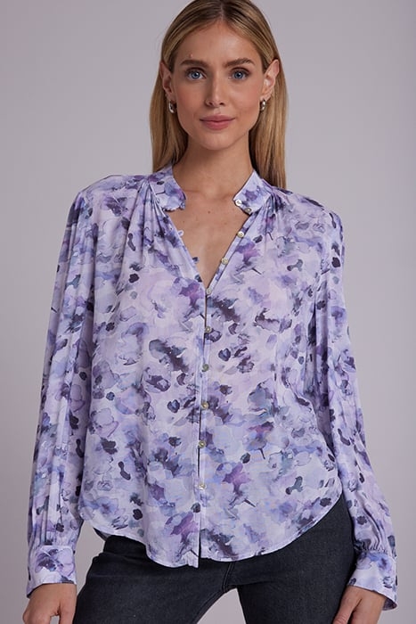SHIRRED BUTTON UP BLOUSE LILAC FLORET PRINT 1
