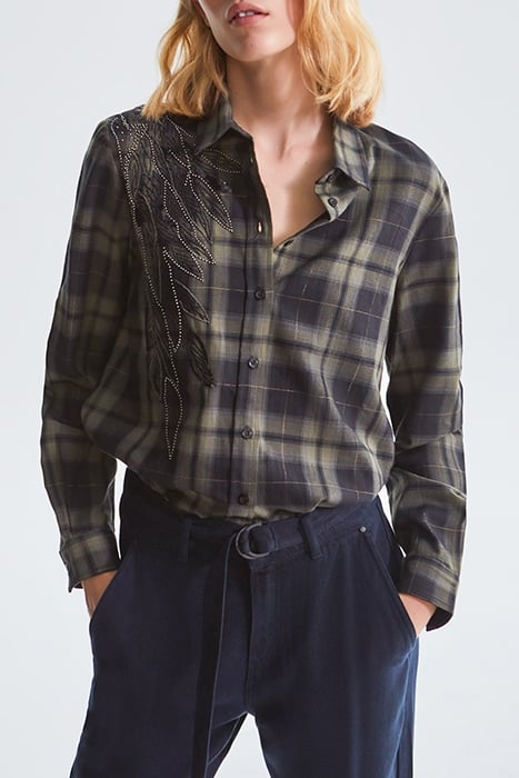 KHAKI CHECK BEAD EMBROIDERED SHIRT KHAKI 1