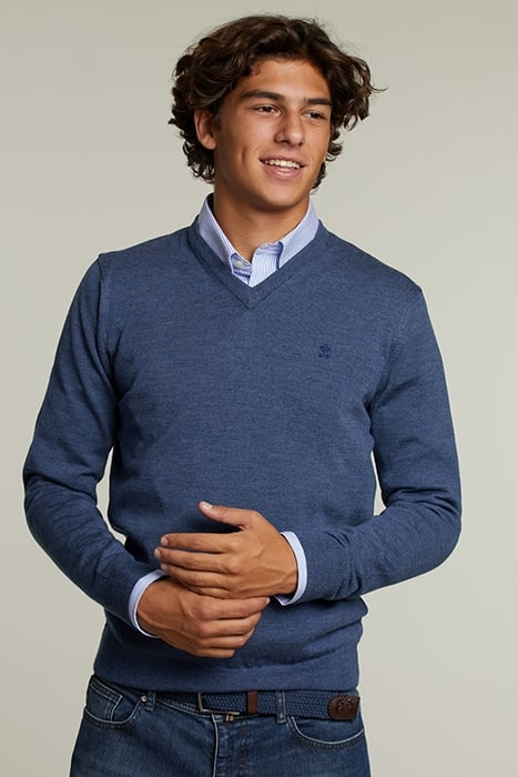 CUSTOM FIT MERINO V-NECK PULLOVER DENIM MIX 1