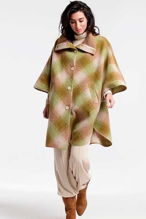 WOOL CHECK LUNES CAPE WITH BUTTONS GREEN 1