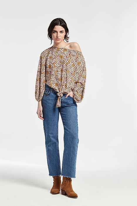 PRINTED CHIFFON TIE WAIST NAROA TOP CHOCOLATE 1