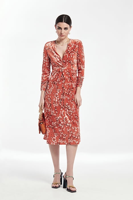 PRINT VELVET FRONT KNOT DETAIL CONTO DRESS RUSSET ORANGE 1