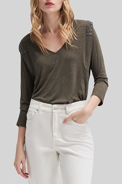 KHAKI V_NECK VISCOSE T_SHIRT WITH RHINESTONES 1