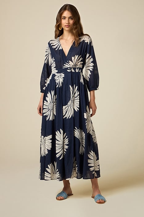 LONG COTTON MUSLIN DRESS WITH PATTERN BLUE 1