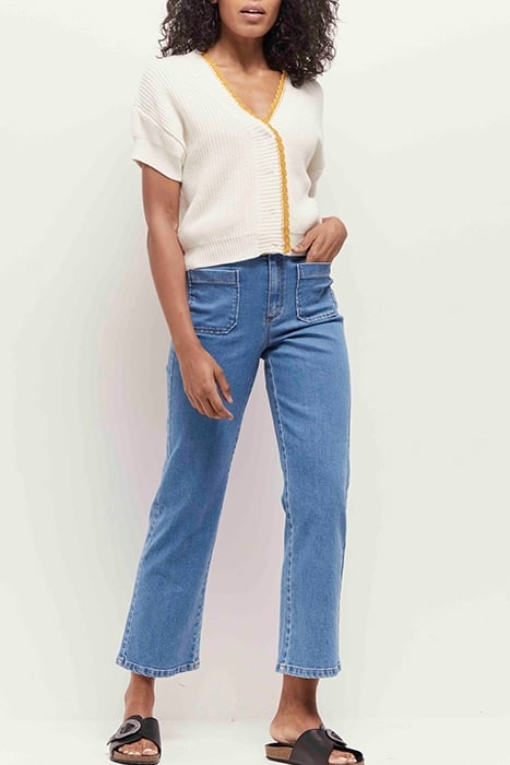 TESS - IVORY CARDIGAN WITH SHORT SLEEVES AND CAMEL TRIM 3