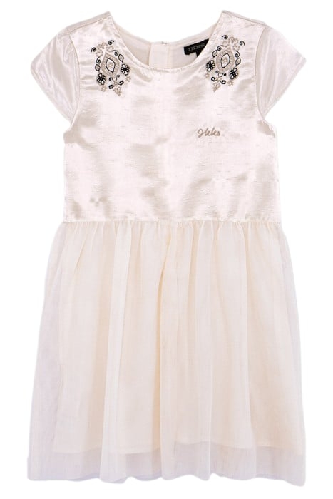 ECRU SATIN AND EMBROIDERED BI-MATERIAL DRESS FOR GIRLS 1