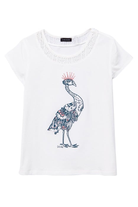 GIRLS’ ECRU VISUAL BLUE PEACOCK EMBROIDERED T-SHIRT 1
