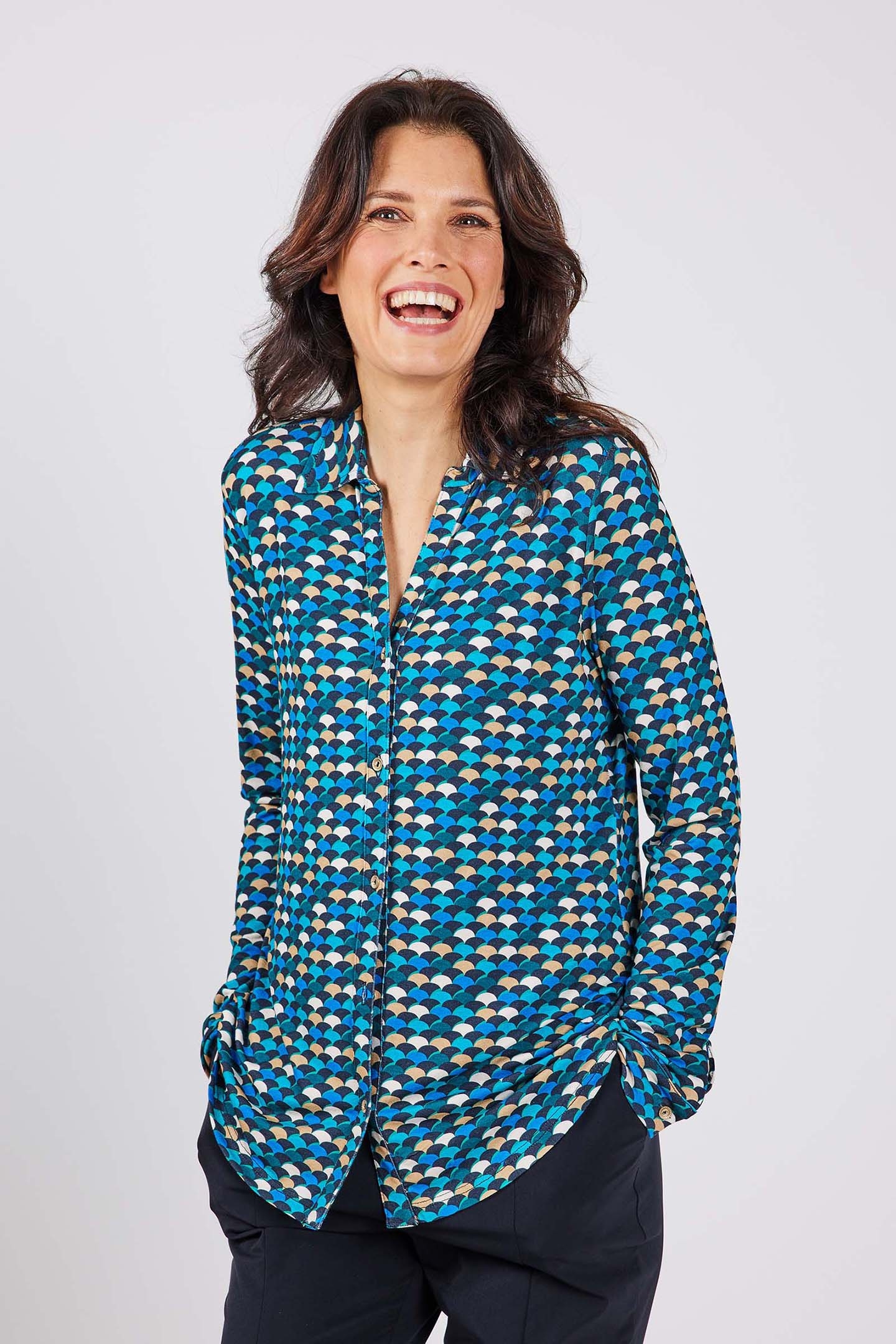 JERSEY BLOUSE GWEN CAMPANULA BLUE WITH SUNSET PRINT 1