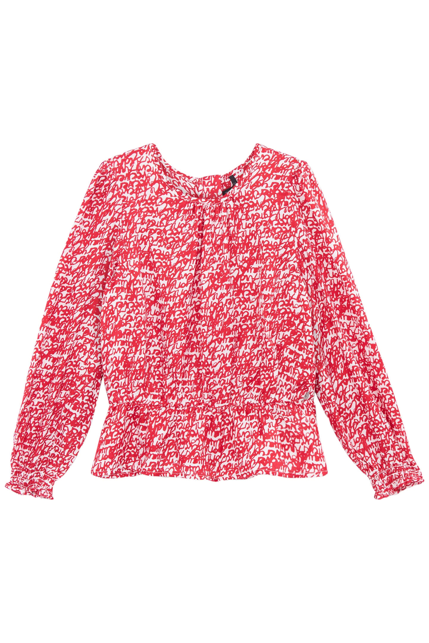 GIRLS’ RED RUFFLED BLOUSE WITH TAG PRINT 1