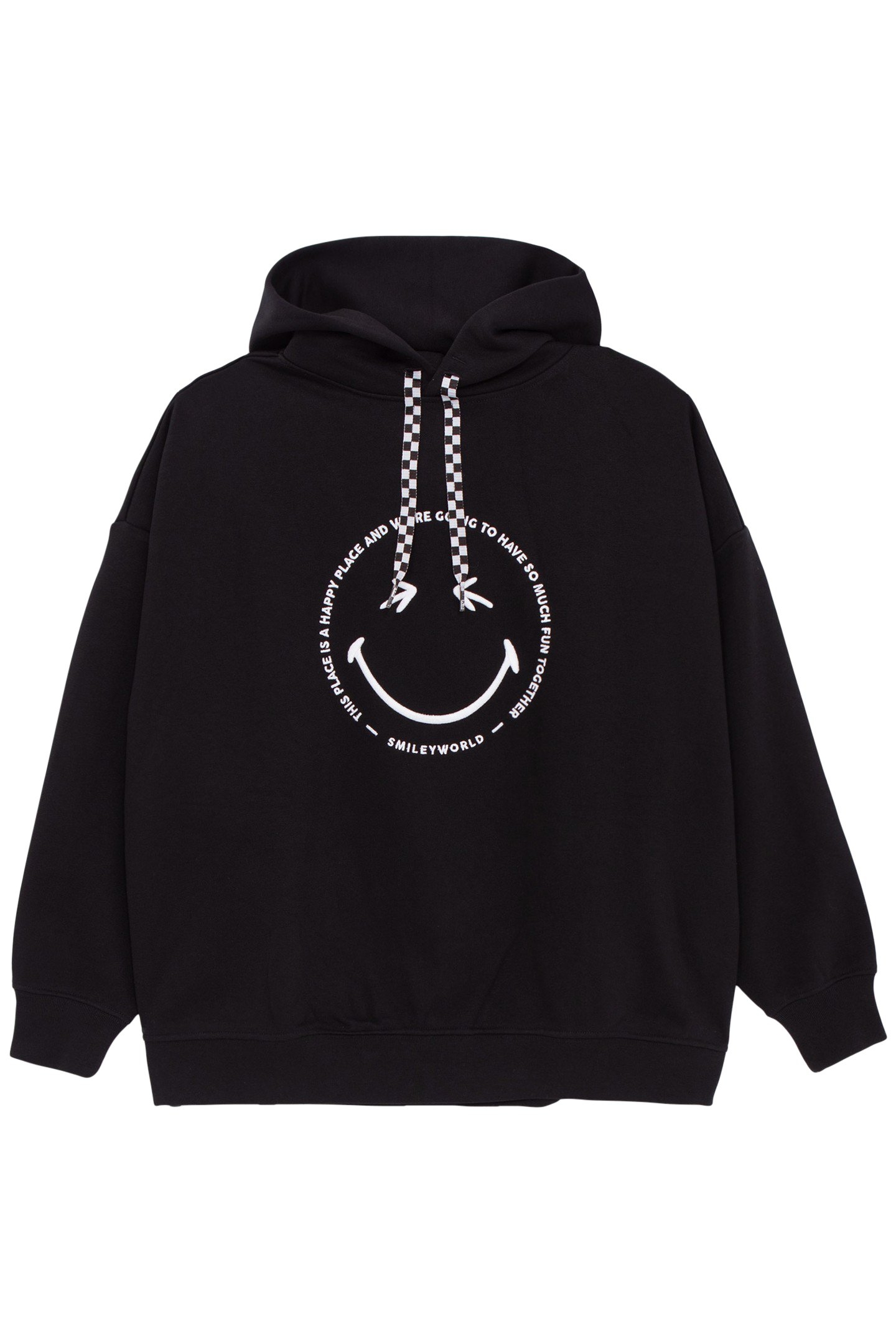 GIRLS’ BLACK HOODIE WITH WHITE EMBROIDERED SMILEYWORLD IMAGE 1