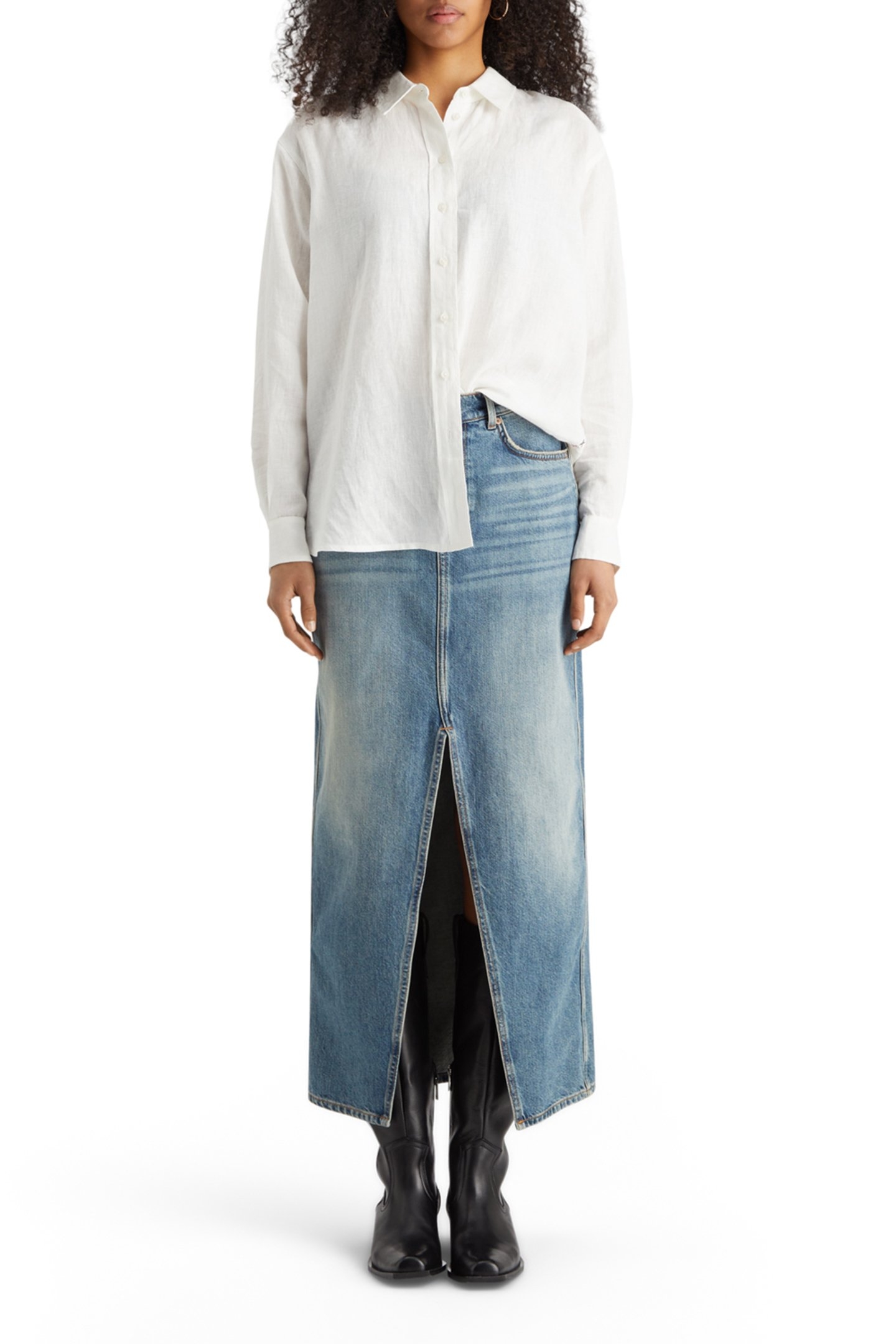 LONG VINTAGE WASHED DENIM SKIRT WITH FRONT SPLIT FRISCO NIGH 3