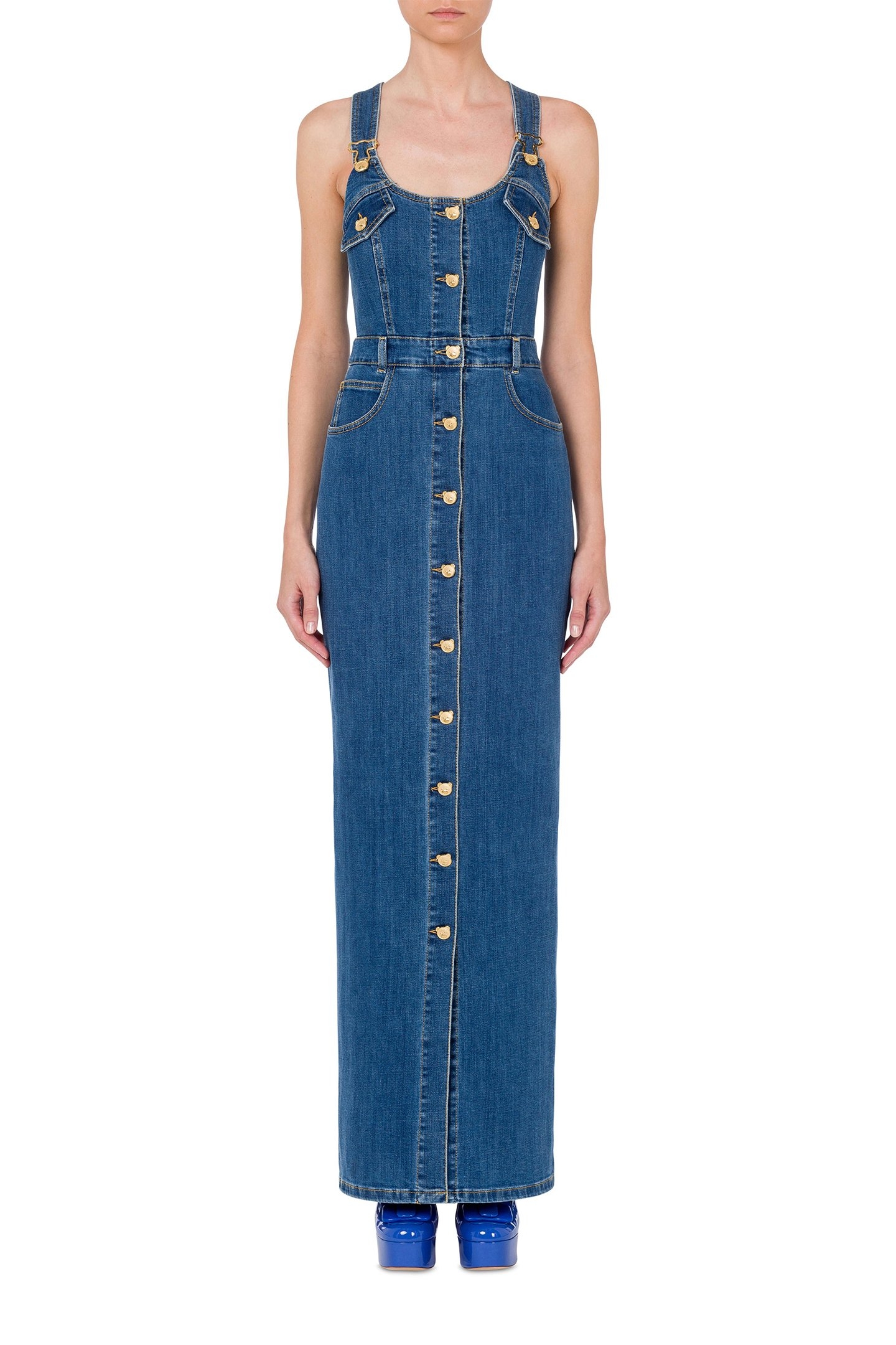 TEDDY BUTTONS DENIM DUNGAREES DRESS BLUE 1