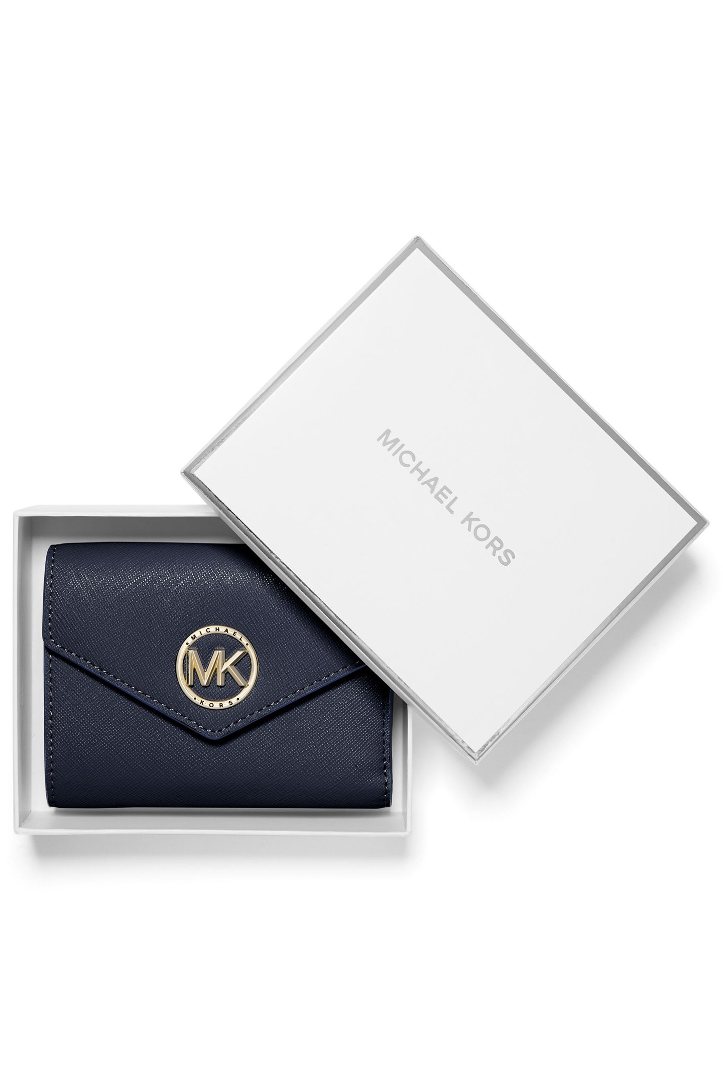 FOLDED ENVELOPE PURSE IN NAVY WITH GOLD LOGO 4