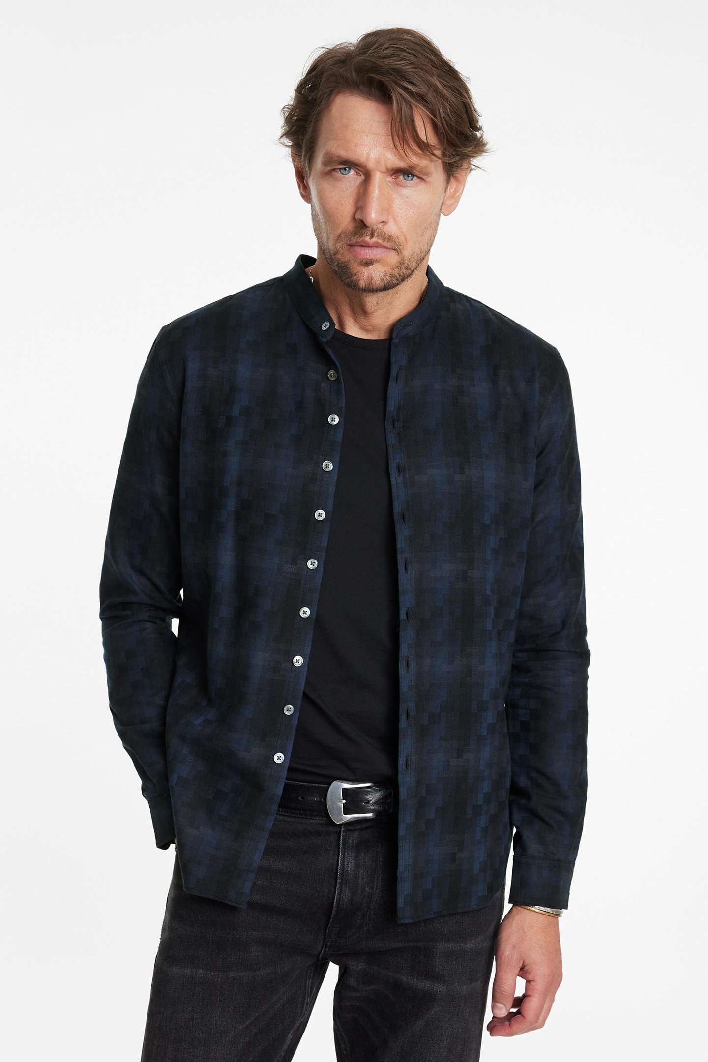 MULTI BUTTON BAND COLLAR SHIRT INK BLUE 1