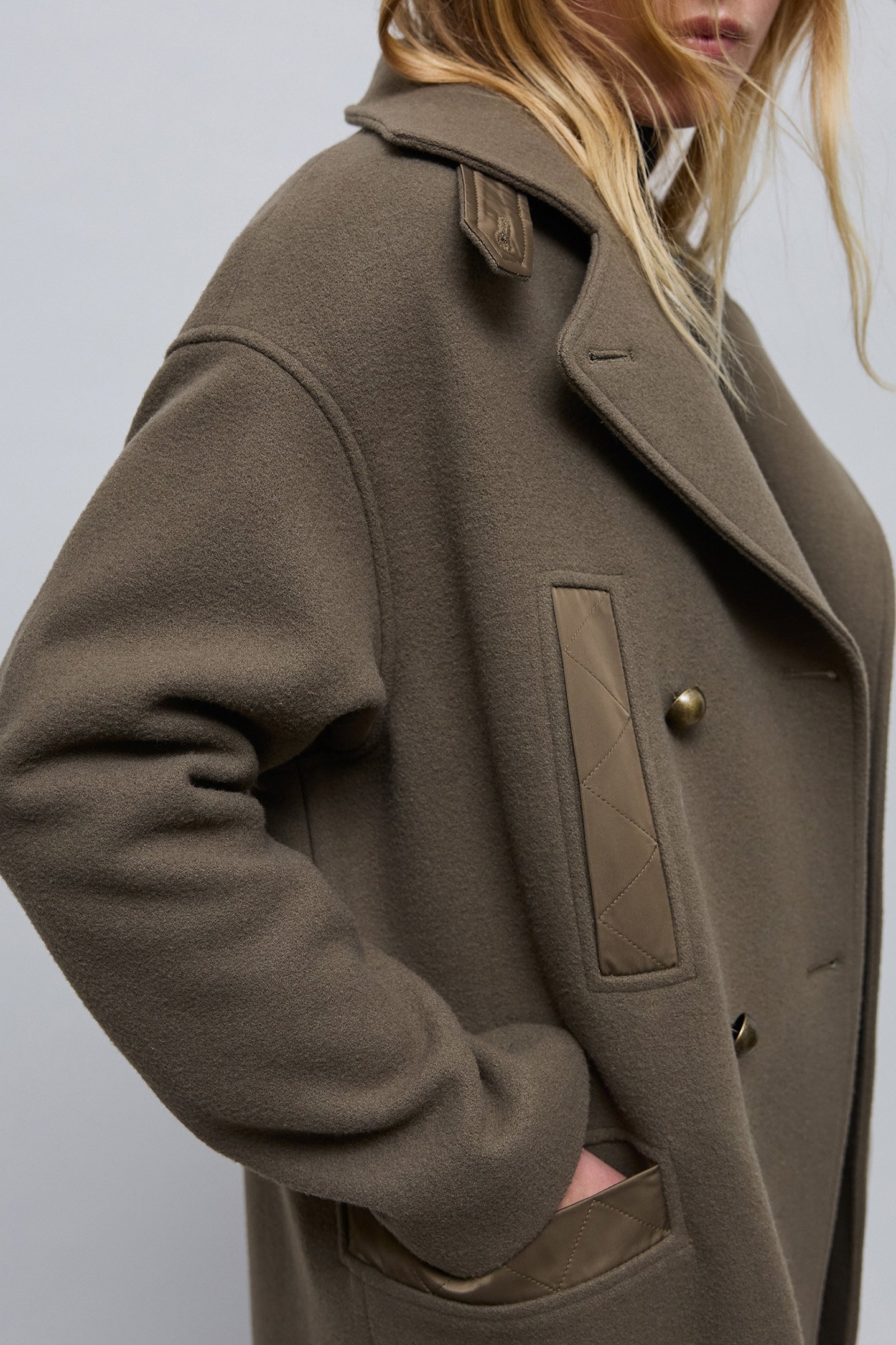LONG KHAKI PEA COAT WITH STITCHED NYLON DETAILS 5