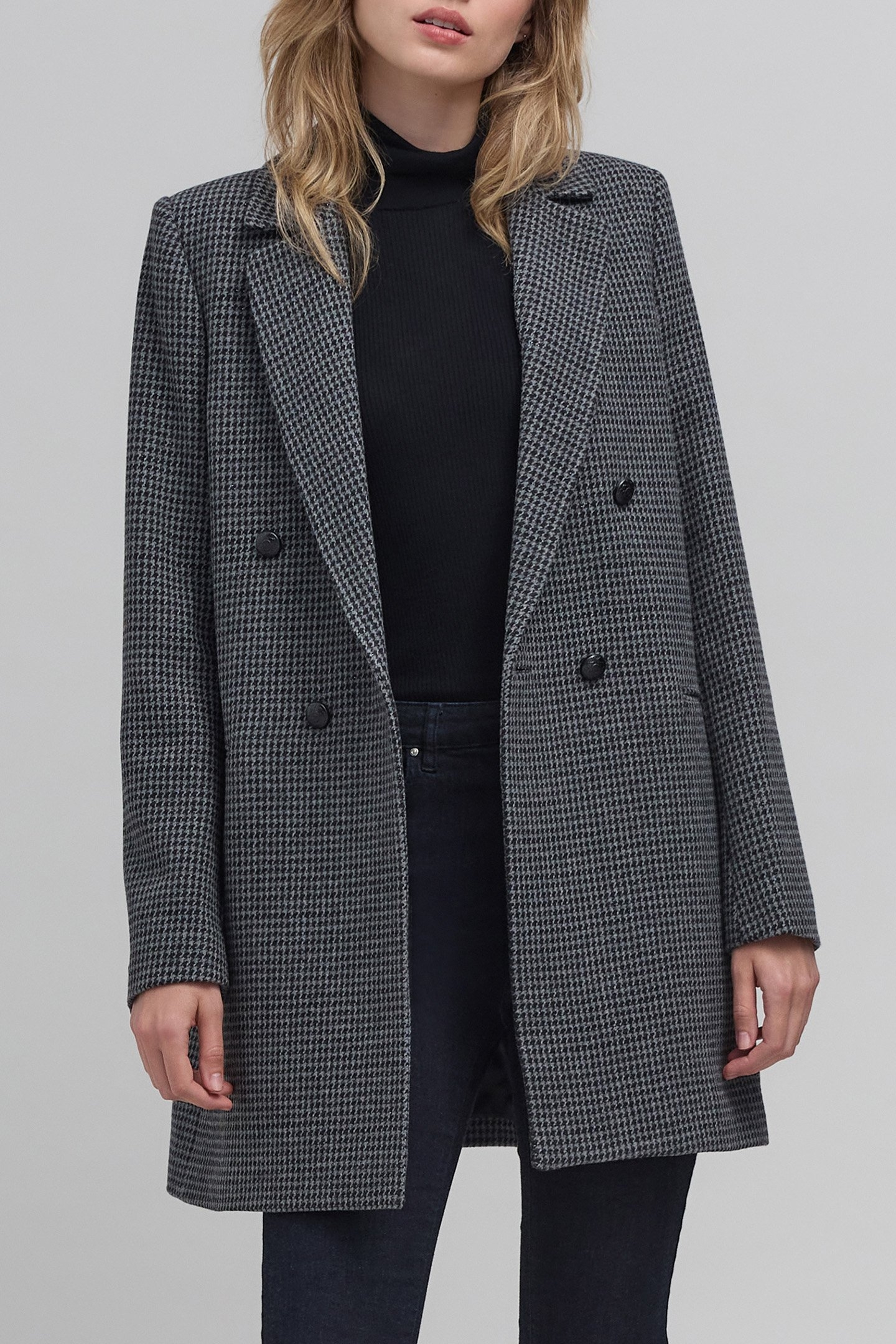 METALLIC HOUNDSTOOTH PATTERN BLACK STRAIGHT COAT 1