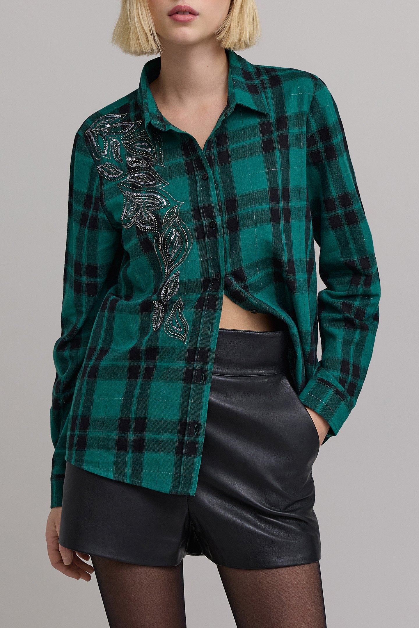 GREEN SHIRT WITH CHECK PATTERN PEARL EMBROIDERY 1