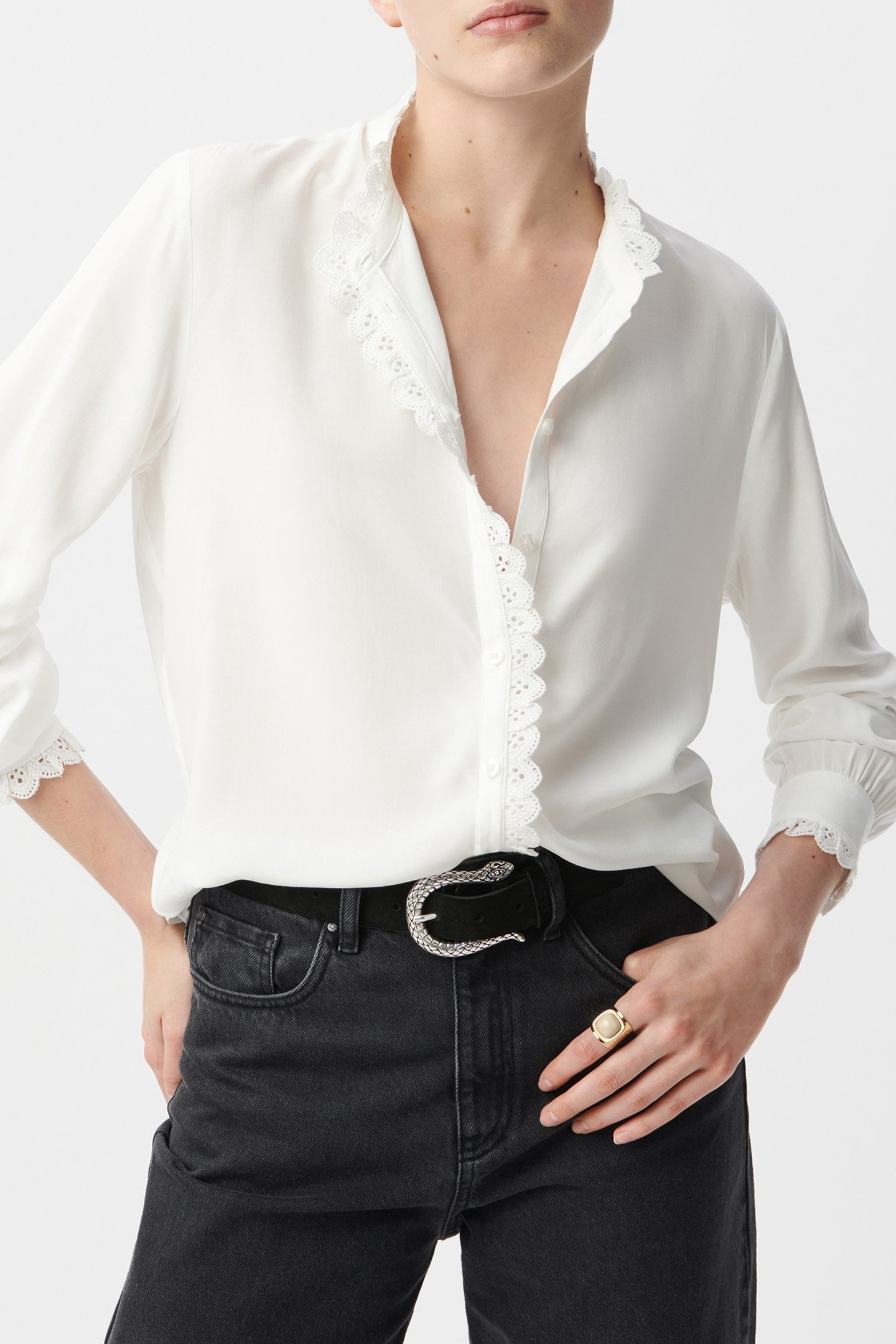 OFF-WHITE SHIRT WITH EMBROIDERED LACE TRIM 4