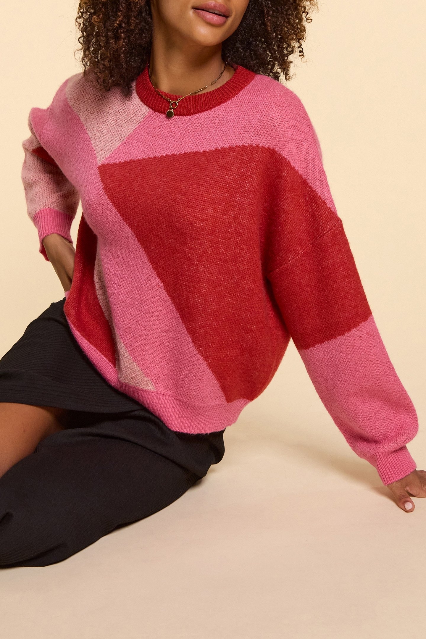 RED JACQUARD SWEATER WITH COLOR BLOCK PATTERN 4
