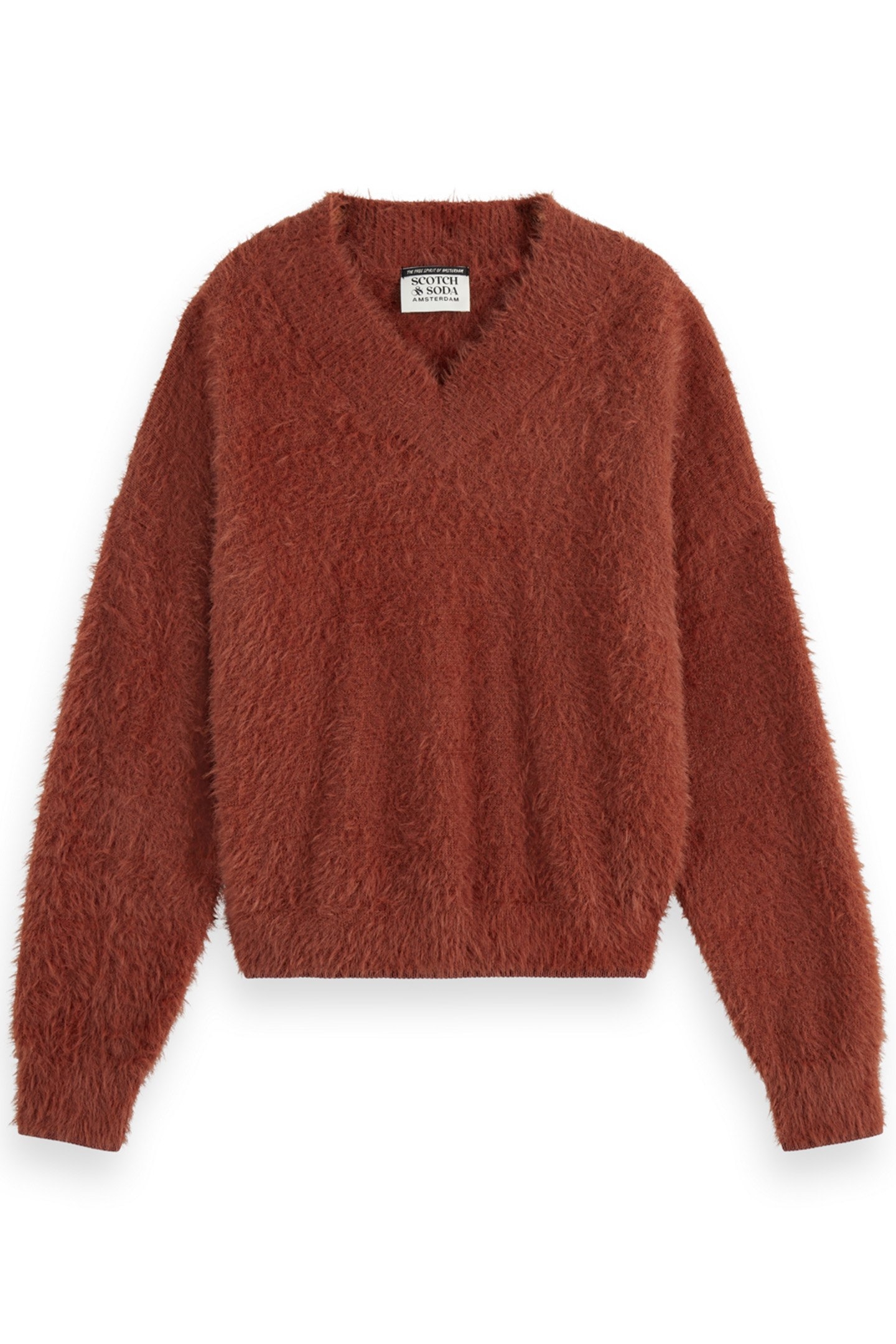 FLUFFY V-NECK RELAXED PULLOVER RUST 1