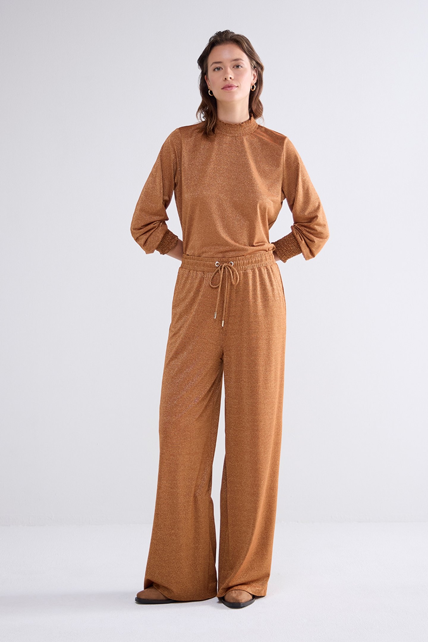 SMOCKED TOP FINE LUREX JERSEY CARAMEL COFFEE 3