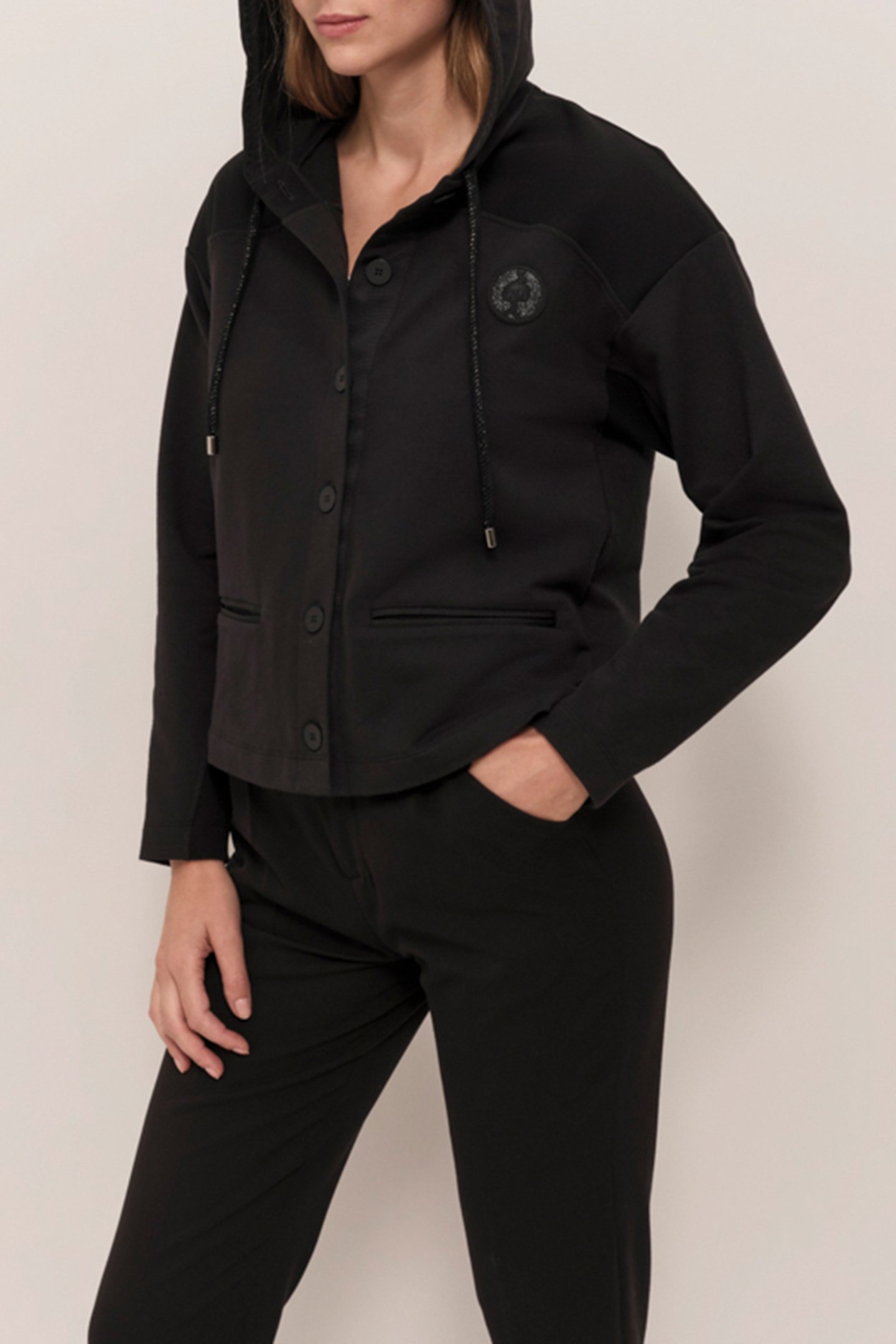 MABOIA  - BLACK ZIP-UP HOODED CARDIGAN IN DUAL-MATERIAL FLEE 4