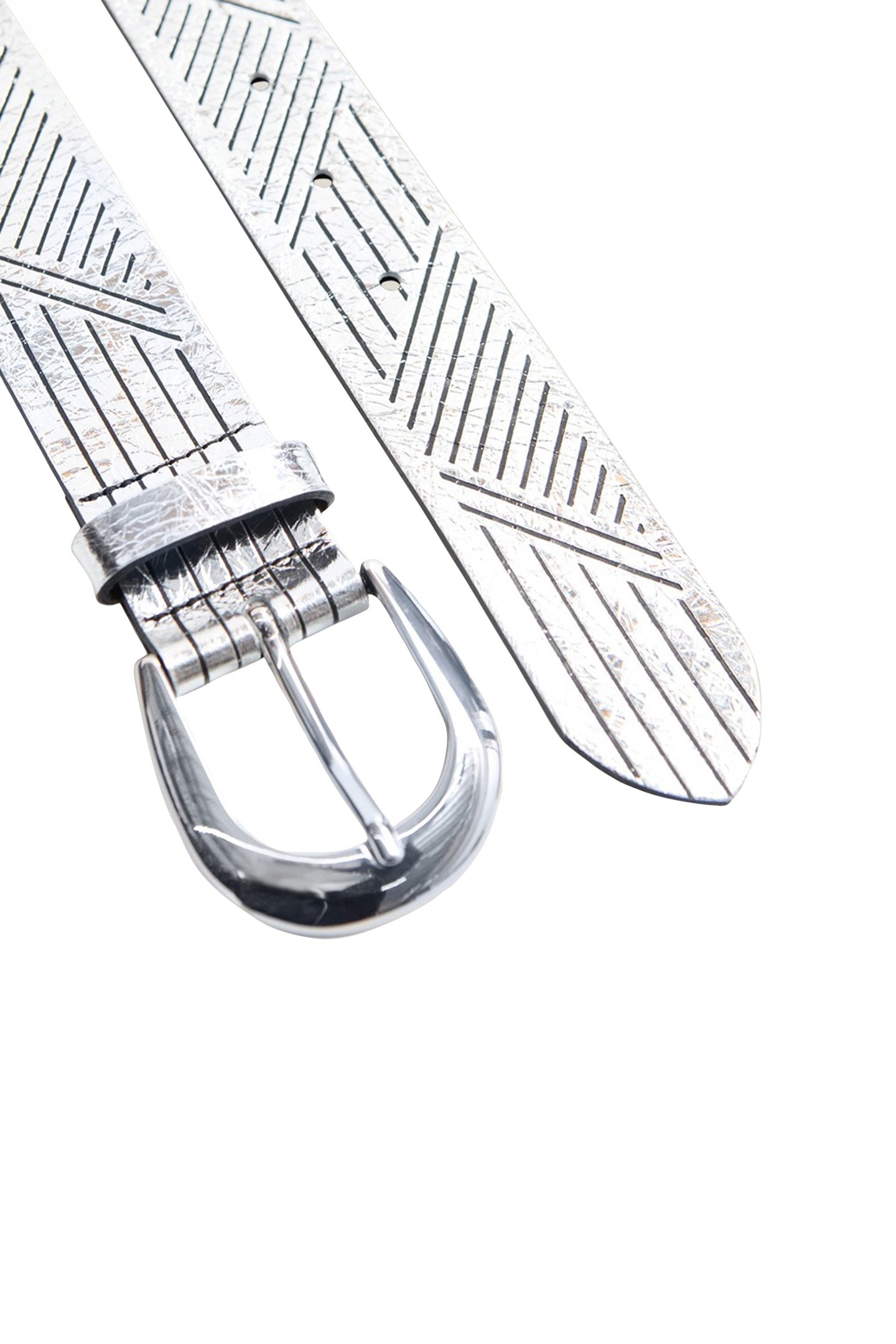 ANJA - SILVER METALLIC LEATHER BELT WITH GRAPHIC LINES, MADE 4