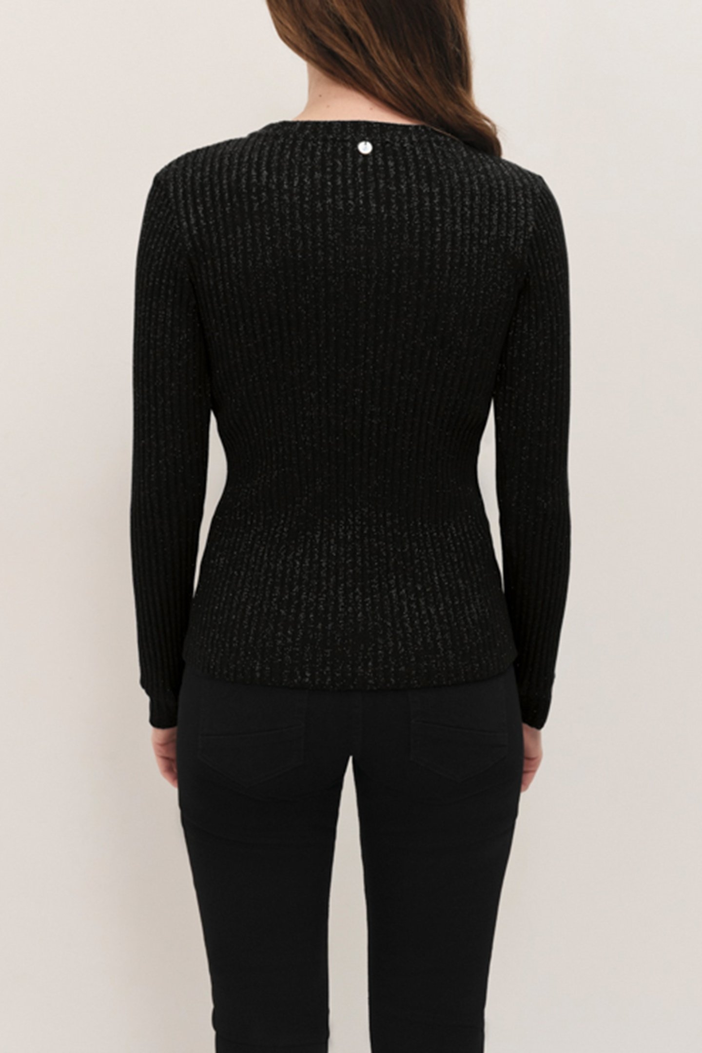 MALENE - BLACK RIBBED LUREX KNIT LONG-SLEEVED T-SHIRT 2