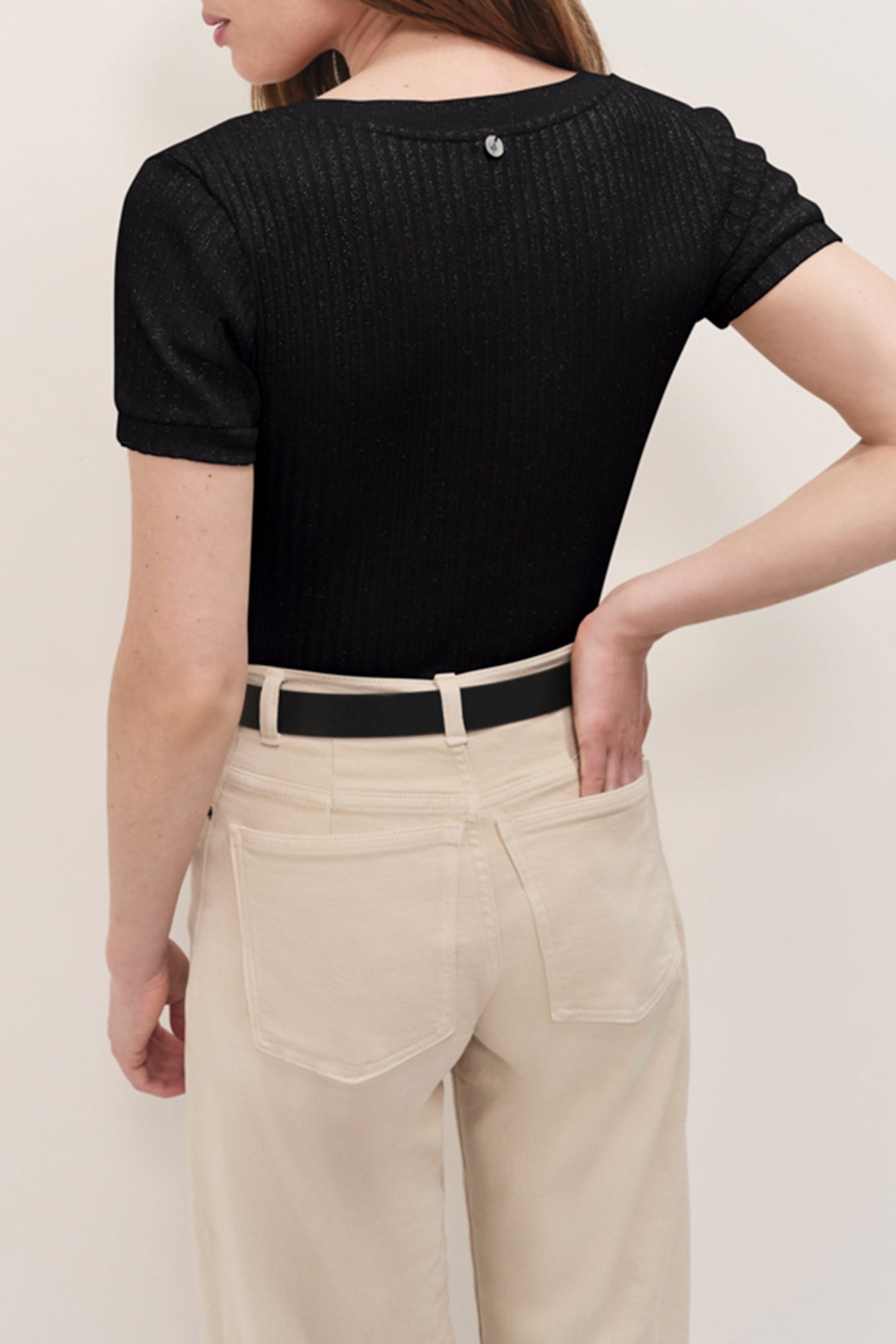 MILESI - BLACK RIBBED LUREX KNIT SHORT-SLEEVED T-SHIRT 2