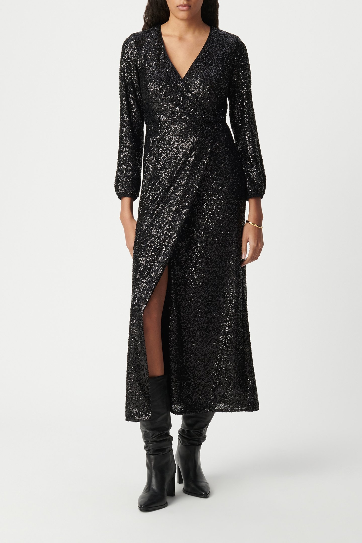 BLACK SEQUIN-EMBROIDERED WRAP DRESS 1