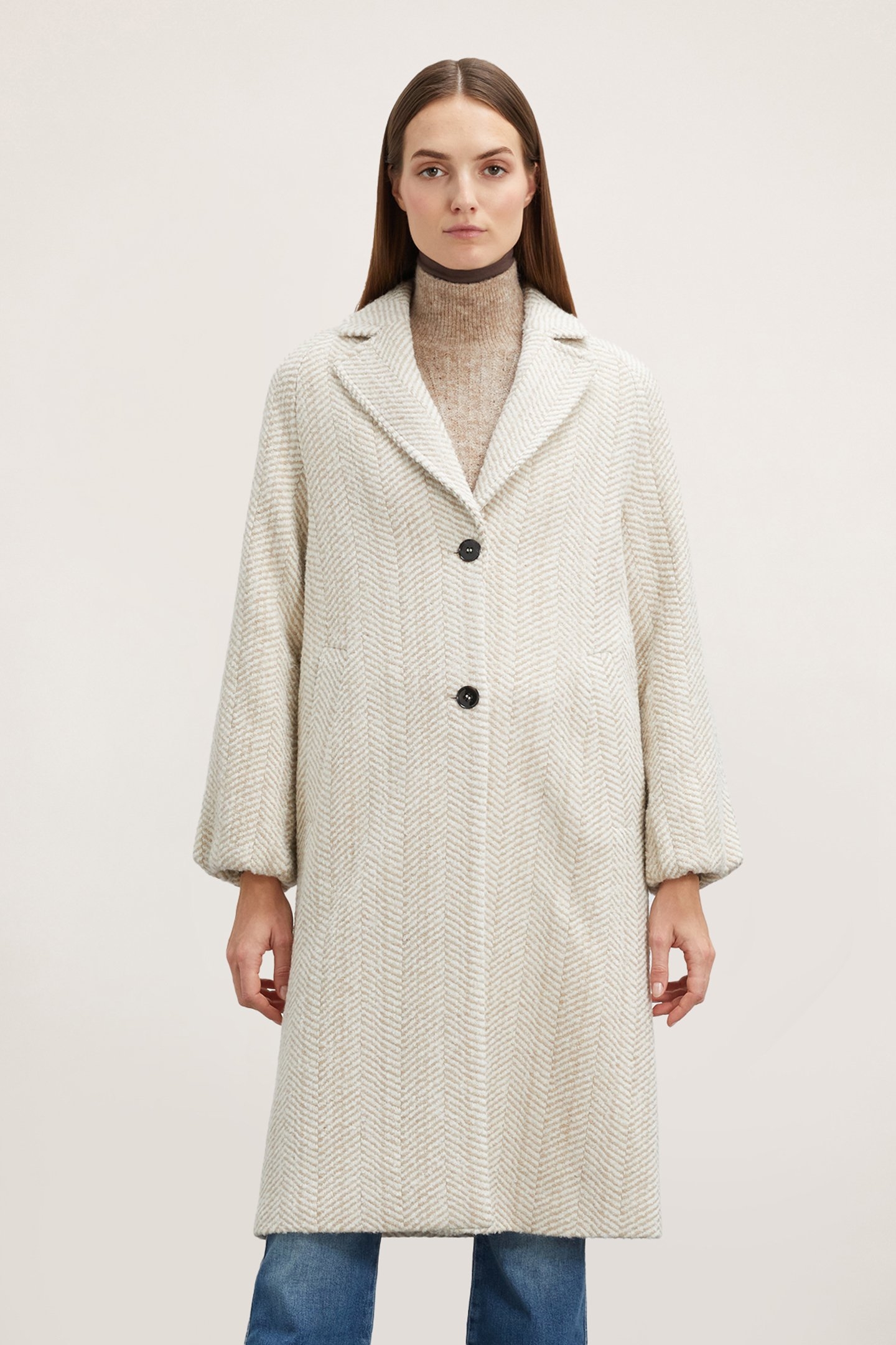 WOOL BLEND HERRINGBONE YARN DYED COAT WHITE 1