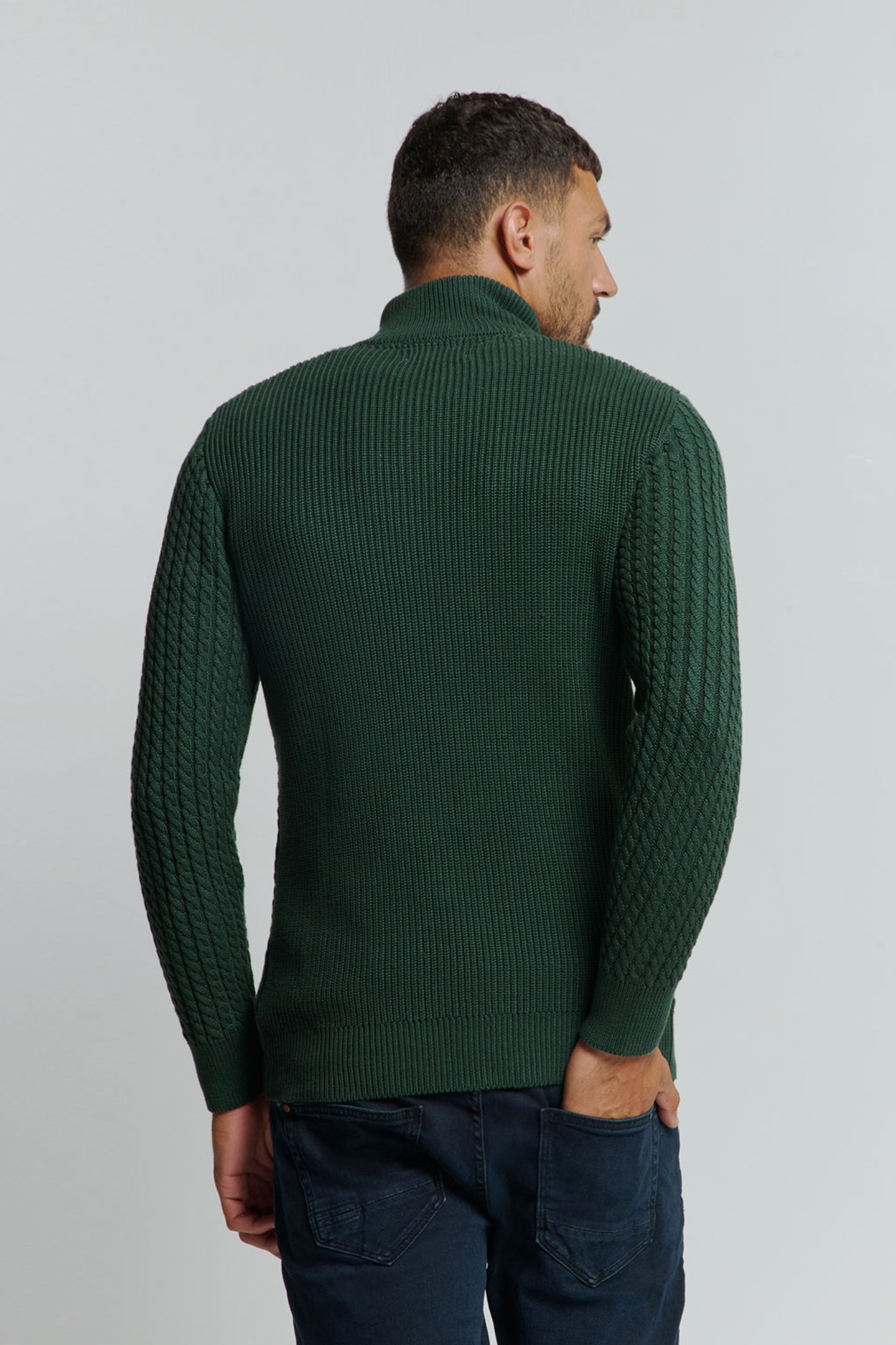PULLOVER HALF ZIPPER AND BUTTON SOLID JACQUARD DARK GREEN 2