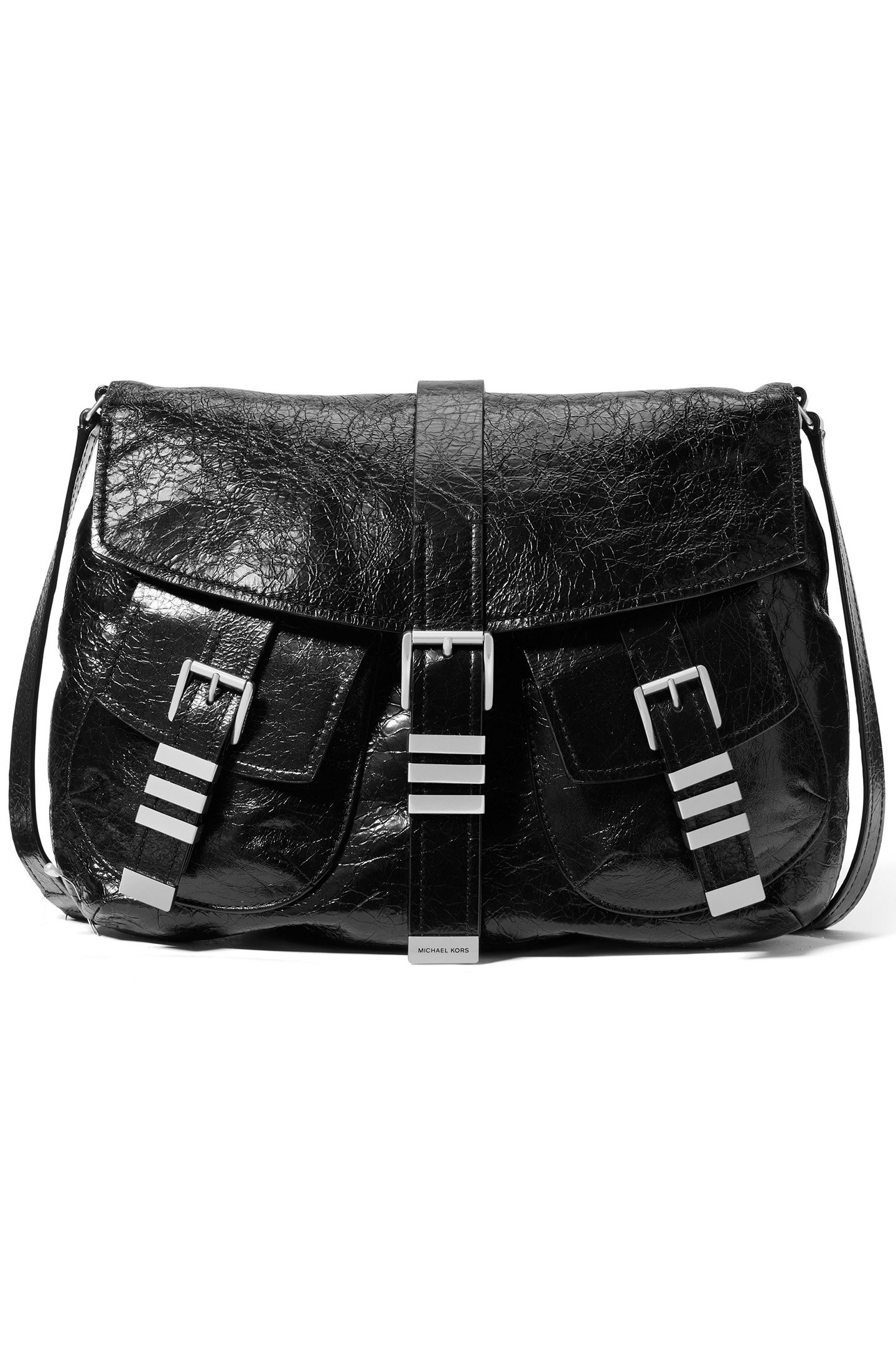 LEATHER SHOULDER BAG WITH BUCKLE DETAILS IN BLACK 1