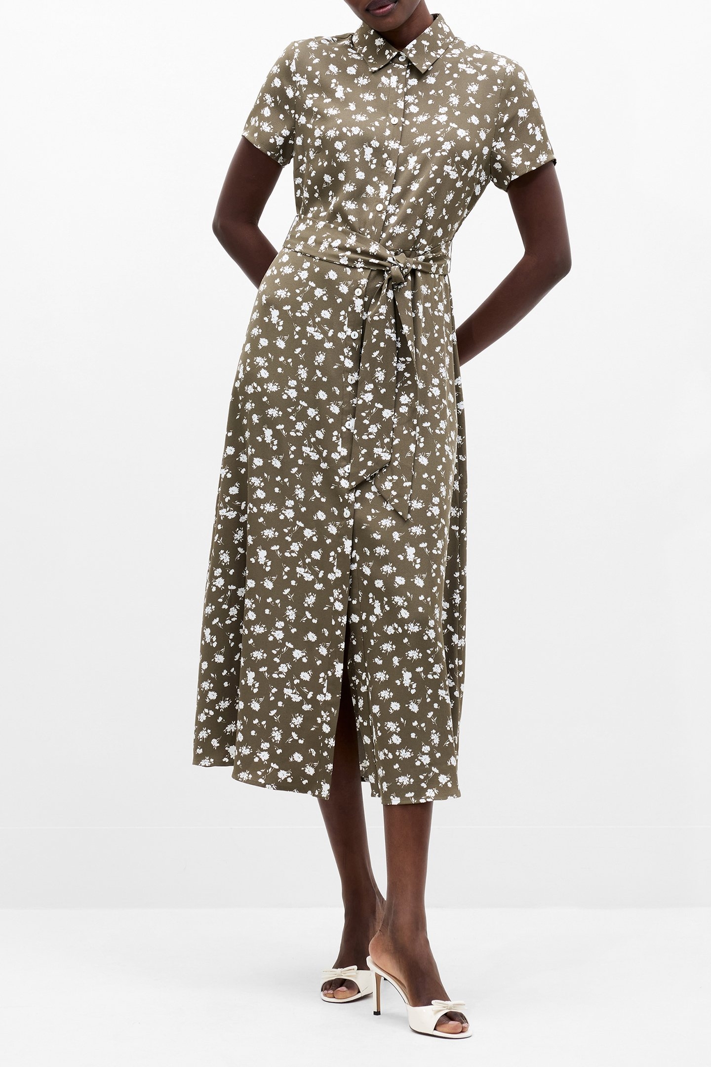 PRINTED SS SHIRT DRESS KHAKI/WHITE 1