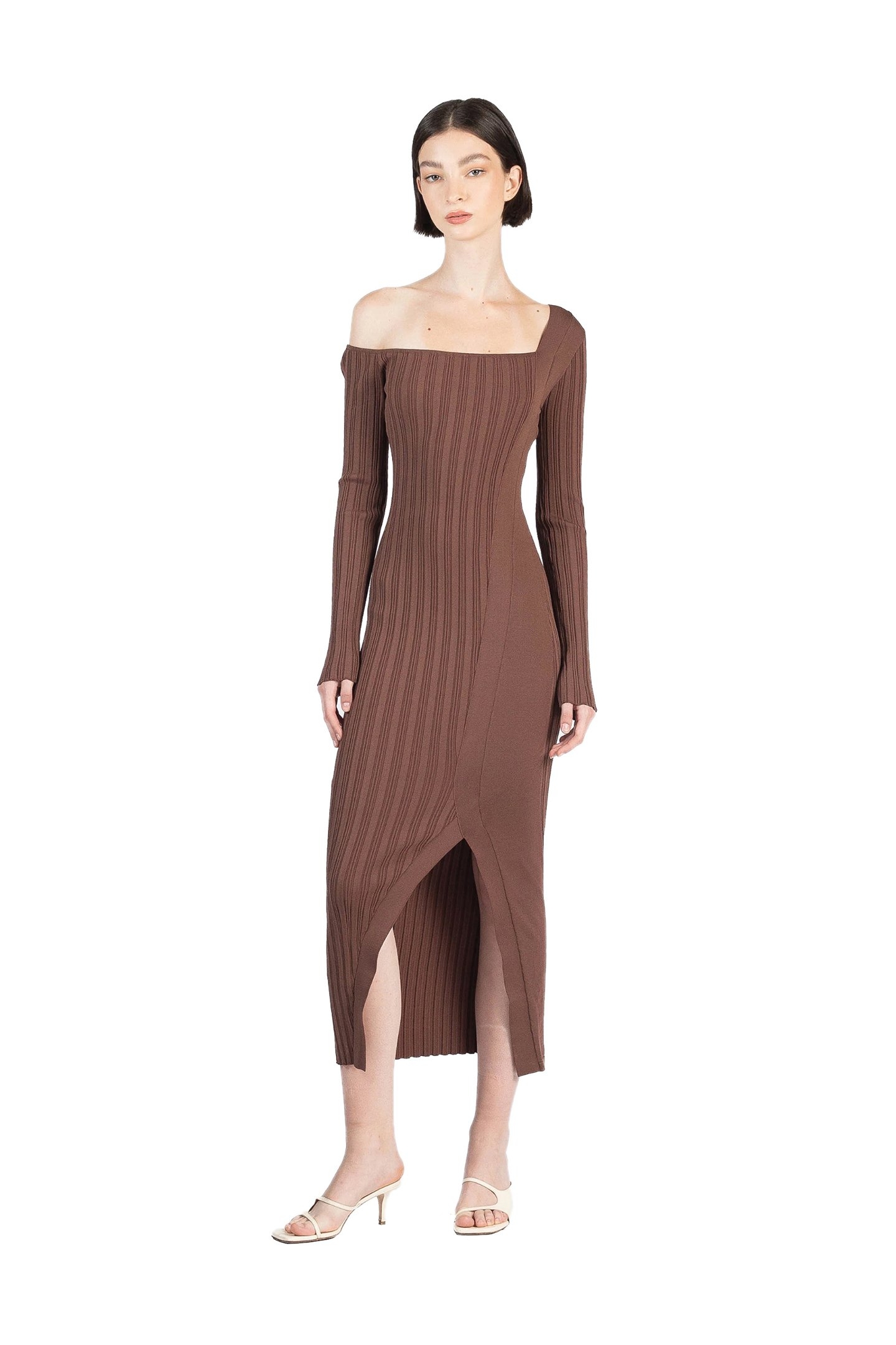 ASYMETRIC FITTED DRESS BROWN 1
