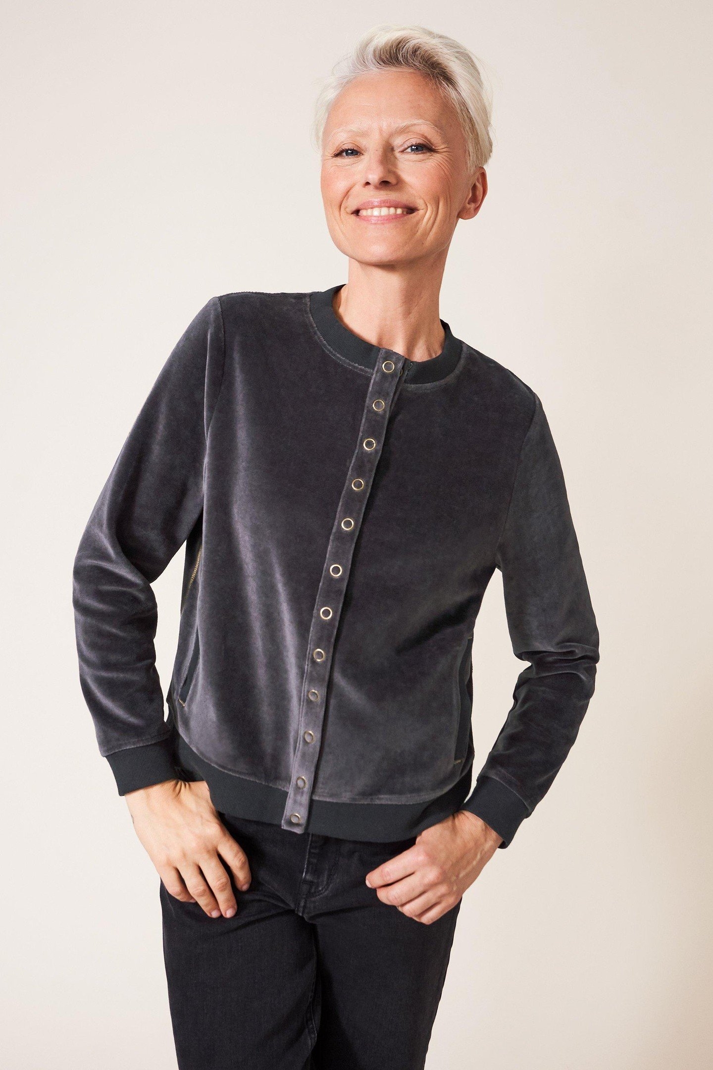 VELOUR BUTTON THROUGH CHARCOAL GREY 1