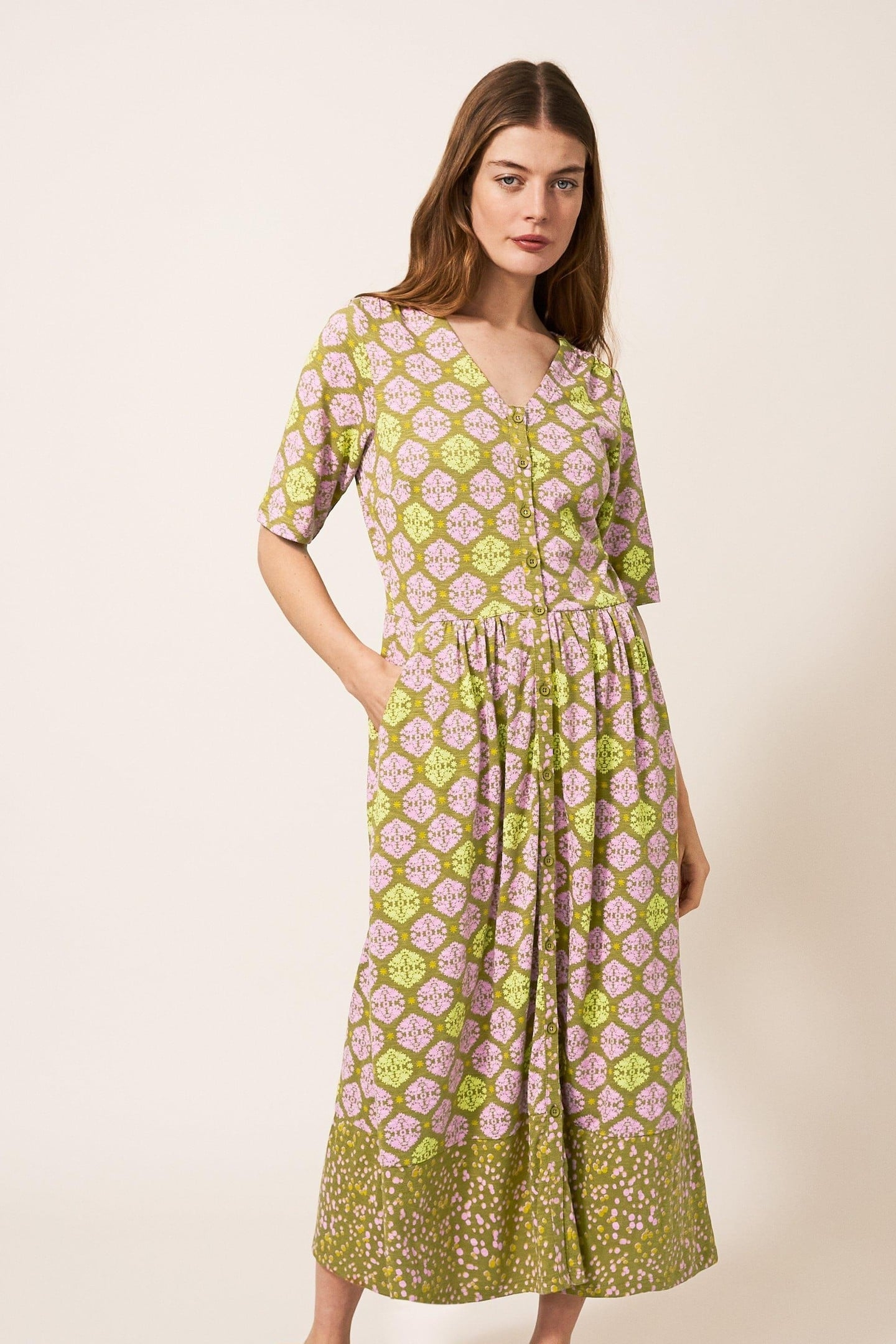 PEARL MIDI JERSEY DRESS GREEN MULTI 1