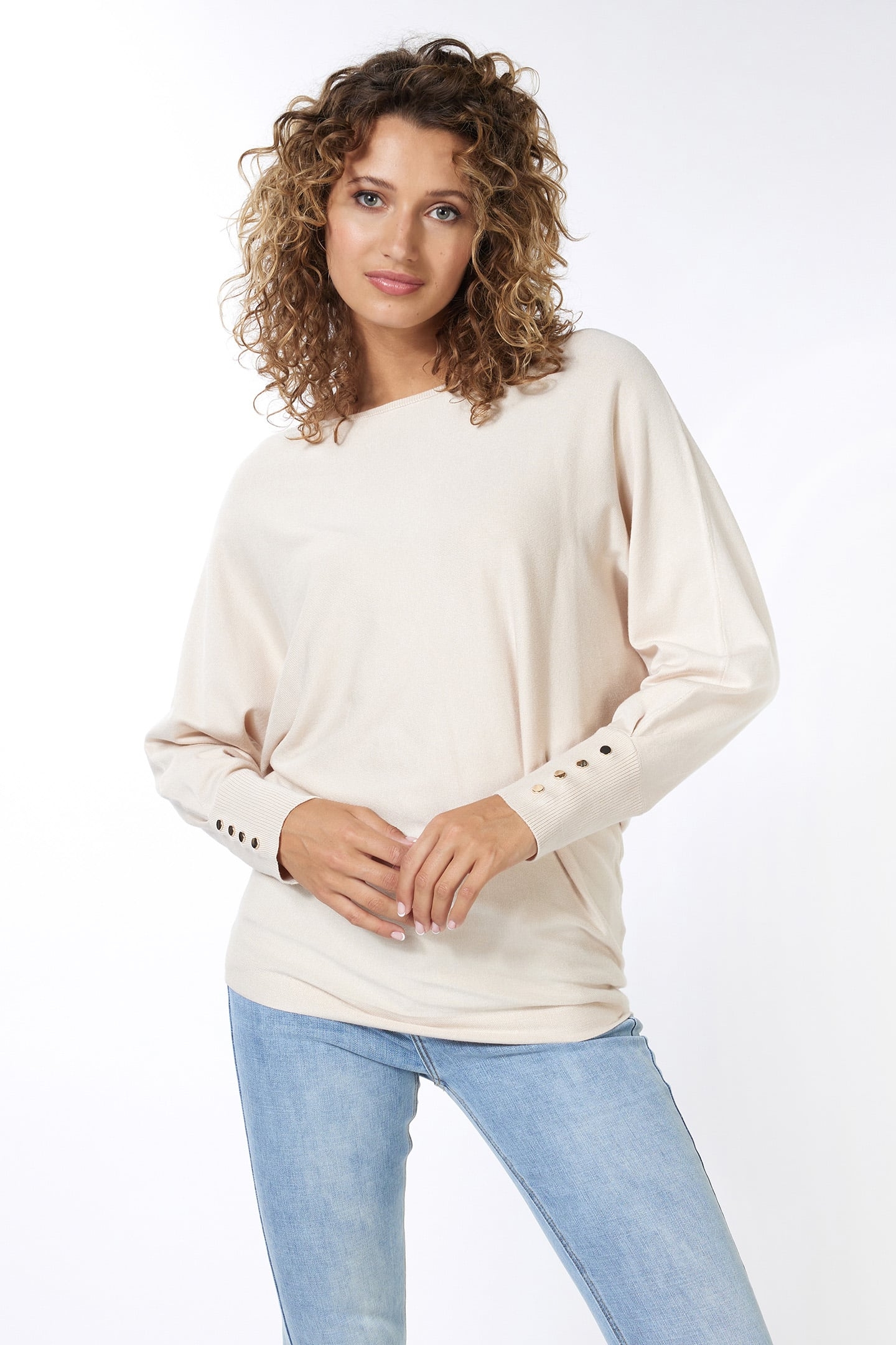 SWEATER BATWING BUTTONED CUFF LIGHT SAND 1