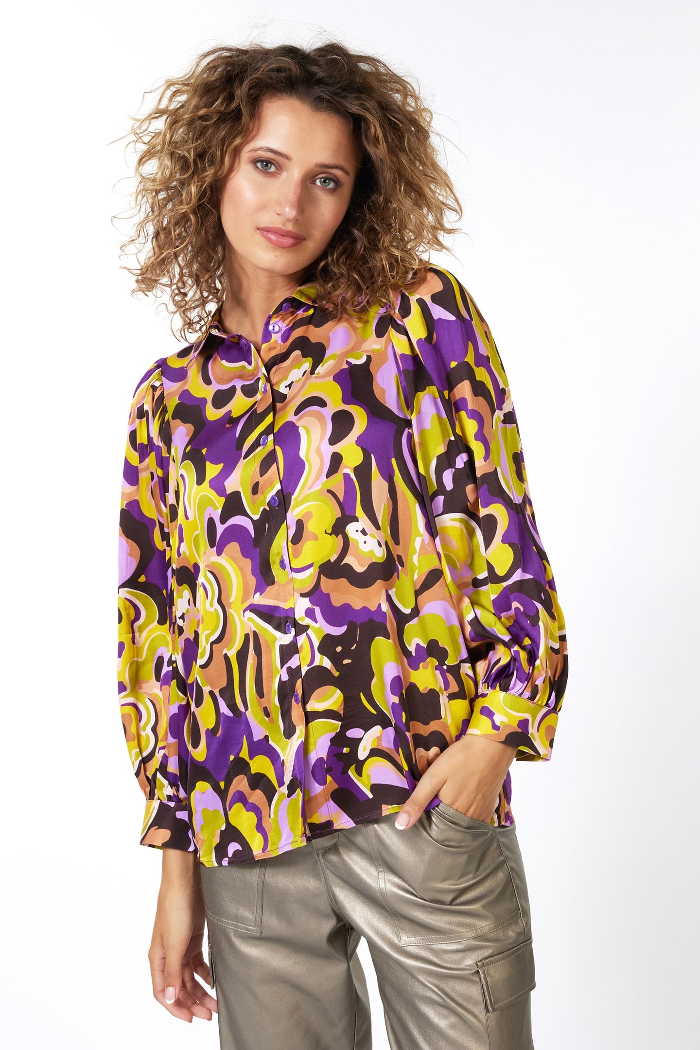 BLOUSE PUFF SLV FANCY EARTH PRINT 1