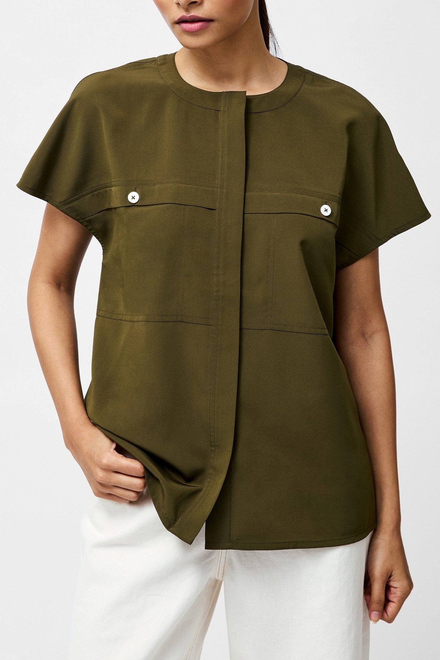 CAPRIANA CREPE CAP SLEEVE TOP KHAKI 2