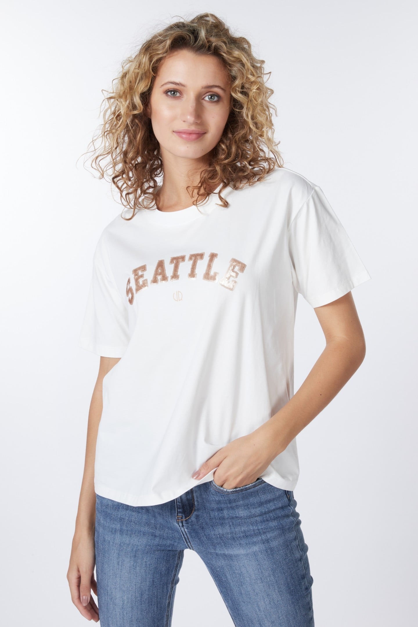 T-SHIRT SEQUINS "SEATTLE" OFF WHITE / GOLD 1