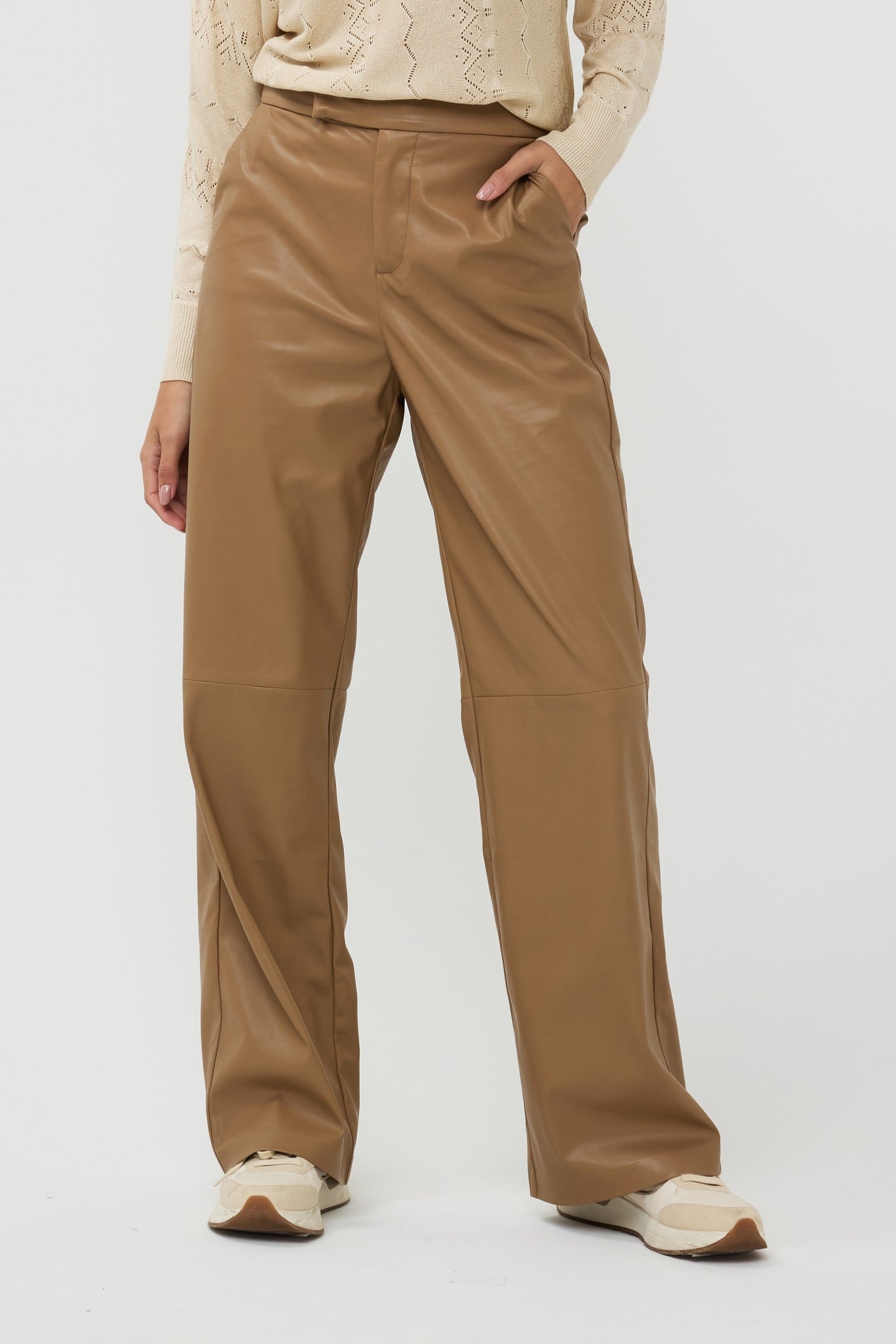 TROUSERS WIDE VEGAN LEATHER SAND 2