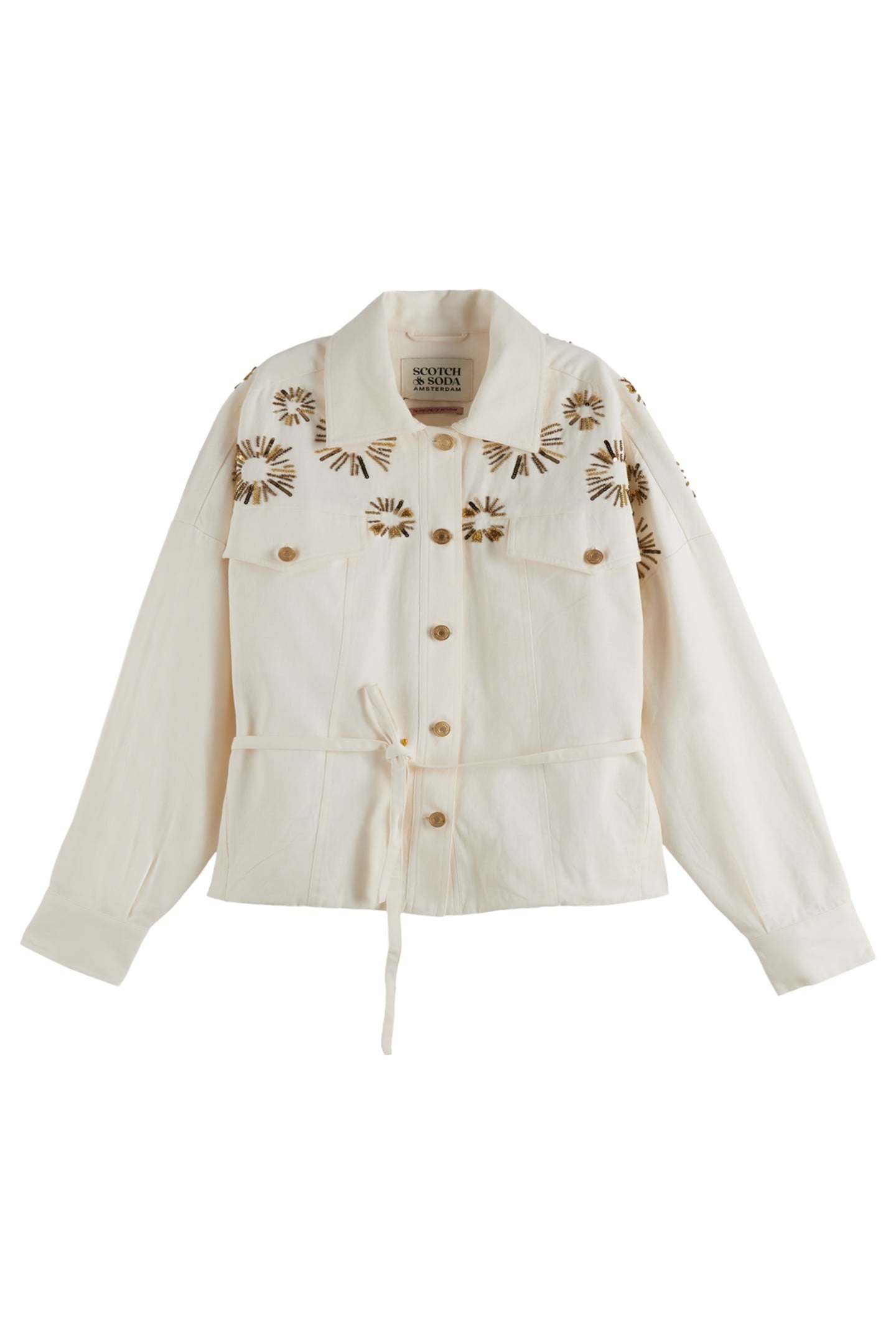 EMBELLISHED BELTED COTTON TRUCKER JACKET SOFT ICE 4