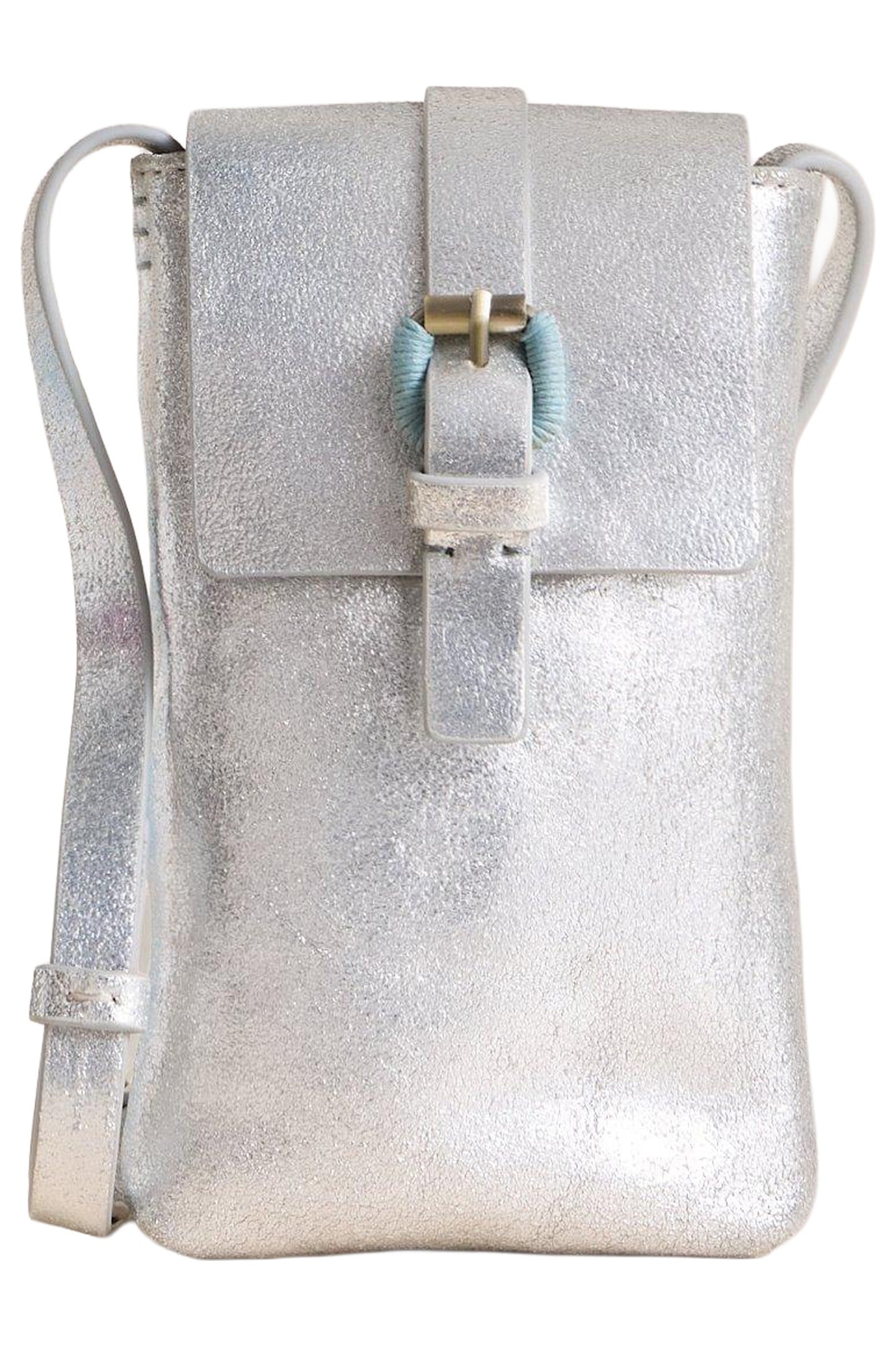 CLARA BUCKLE LEATHER PHONE BAG SILVER TONE METALLIC 3